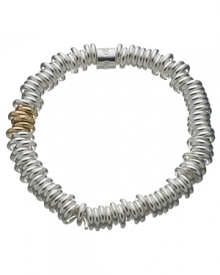 This sterling silver with five 18 Kt. rolled gold ring bracelet is a tactile and fun alternative to the charm bracelet with an expandable diameter to fit most sizes. The great thing about the Sweetie bracelet is that you can add the charms yourself!