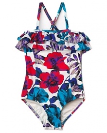 All ruffles and flower print, this cute bandeau one-piece swim suit is designed for stylish fun in the sun. All ruffles and flower print, this cute bandeau one-piece swim suit is designed for stylish fun in the sun.