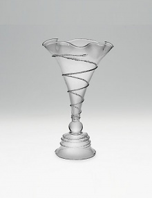 A delicately-crafted spiral design coils around this elegant glass vase from base to rim. Mouth blown 10H; holds 16oz Not recommended for dishwasher or microwave Made in Czech Republic A delicately-crafted spiral design coils around this elegant glass vase from base to rim. Mouth blown 10H; holds 16oz Not recommended for dishwasher or microwave Made in Czech Republic