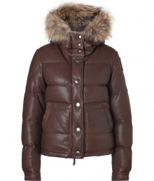 Stay warm in sporty luxe style with this fur trimmed leather parka from Parajumpers - Fur trimmed hood, concealed front zip closure, front snap closures, long sleeves with logo at shoulder, snapped cuffs, snapped pockets, drawstring hemline, water resistant lining, quilted down lining - Cropped, fitted silhouette - Style with skinnies, a cashmere sweater, and shearling boots