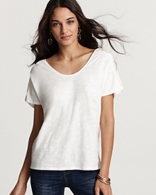 Velvet by Graham & Spencer updates an essential tee with crochet insets at the shoulder. Velvet by Graham & Spencer updates an essential tee with crochet insets at the shoulder.