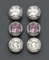 An interchangeable trio of sparkling semi-precious studs. This three pair set of sterling silver stud earrings by Victoria Townsend features round-cut green quartz (1-1/4 ct. t.w.), round-cut amethyst (1-1/4 ct. t.w.) and round-cut white topaz (1-3/4 ct. t.w.) shimmering with diamond accents.
