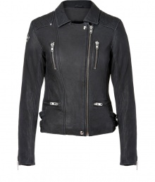 The forever favorite biker jacket gets a cool modern redux in Iros ultra chic matte finish version - Spread collar, long sleeves, zippered cuffs, off-center front zip, zippered pockets, buckled side straps, patches at shoulder - Tailored slim fit - Wear with favorite tees and jeans, or contrast with cocktail sheaths and streamlined accessories The forever favorite biker jacket gets a cool modern redux in Iros ultra chic matte finish version - Spread collar, long sleeves, zippered cuffs, off-center front zip, zippered pockets, buckled side straps, patches at shoulder - Tailored slim fit - Wear with favorite tees and jeans, or contrast with cocktail sheaths and streamlined accessories