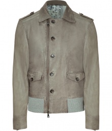 Ultra-stylish jacket of fine, taupe leather - Asymmetric placket and zip - Short collar and epaulettes - Functional jacket protects against wind and cool weather while still looking stylish - Try with jeans and sturdy boots or sneakers Ultra-stylish jacket of fine, taupe leather - Asymmetric placket and zip - Short collar and epaulettes - Functional jacket protects against wind and cool weather while still looking stylish - Try with jeans and sturdy boots or sneakers