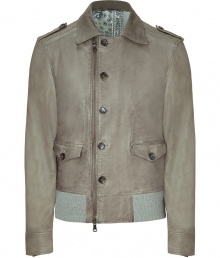 Ultra-stylish jacket of fine, taupe leather - Asymmetric placket and zip - Short collar and epaulettes - Functional jacket protects against wind and cool weather while still looking stylish - Try with jeans and sturdy boots or sneakers