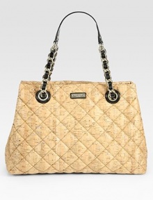 Chain top handles intertwined with shiny patent leather top off this roomy design of quilted cork. Double patent leather and chain top handles, 7¾ dropMagnetic snap closureProtective metal feetOne inner zip compartmentOne inside zip pocketTwo inside open pocketsFully lined15W X 11H X 4¼DImported Chain top handles intertwined with shiny patent leather top off this roomy design of quilted cork. Double patent leather and chain top handles, 7¾ dropMagnetic snap closureProtective metal feetOne inner zip compartmentOne inside zip pocketTwo inside open pocketsFully lined15W X 11H X 4¼DImported