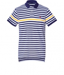 A warm-weather must-have, this polo shirt is created with classic American style in fine, blue and white striped cotton - Contrasting yellow stripe and small, red Ralph Lauren signature embroidered polo horse - Small collar, short button placket and slim fit - Traditional length with back slightly longer than front - Pair with jeans, chinos or shorts for an American preppy look A warm-weather must-have, this polo shirt is created with classic American style in fine, blue and white striped cotton - Contrasting yellow stripe and small, red Ralph Lauren signature embroidered polo horse - Small collar, short button placket and slim fit - Traditional length with back slightly longer than front - Pair with jeans, chinos or shorts for an American preppy look