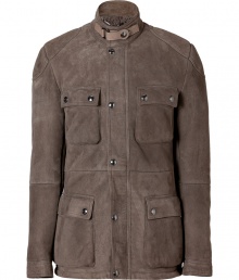 Belstaffs classic Trialmaster jacket gets an impossibly sleek finish in buttery soft stone suede - Tonal latched stand-up collar, long sleeves, snapped flap pockets, hidden zipper with metal snap placket - Modern slim fit - Pair with cool jeans, corduroys or sporty chinos