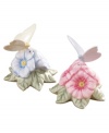 A bountiful spring garden adorns your table with this delightful set of salt and pepper shakers. The porcelain pair includes a bright pink poppy salt shaker and blue pepper shaker, each adorned with a fluttering butterfly handle. Qualifies for Rebate