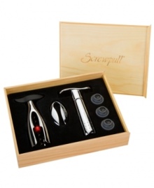Indispensable to the wine connoisseur or perpetual party host, the Screwpull Trilogy gift set has all the tools needed to effortlessly open and preserve three bottles of wine. A corkscrew, pump and foil cutter with a luxe chrome finish satisfy a taste for style and convenience. Model GS-300A. Indispensable to the wine connoisseur or perpetual party host, the Screwpull Trilogy gift set has all the tools needed to effortlessly open and preserve three bottles of wine. A corkscrew, pump and foil cutter with a luxe chrome finish satisfy a taste for style and convenience. Model GS-300A.