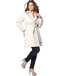 Spring's on-trend print, a faux-python trim elevates this plus size Via Spiga trench coat for a touch of luxe! Spring's on-trend print, a faux-python trim elevates this plus size Via Spiga trench coat for a touch of luxe!