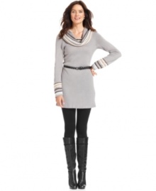 NY Collection's tunic sweater is dressed up with a striped knit and pointelle detail at the neck and cuffs. A removable belt keeps the silhouette sleek.