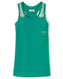 GUESS Kids updates the racerback tank top with sequin patches at the shoulder. GUESS Kids updates the racerback tank top with sequin patches at the shoulder.