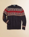 A hearty sweater is perfect for the holiday season with an intarsia-knit motif and suede elbow patches.Rollneck collarLong sleeves with ribbed cuffsSuede elbow patchesPullover style with shoulder button detailRibbed hemCottonMachine washImported