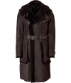 Invest in high style with this supple shearling coat from British heritage brand Belstaff Large spread collar, epaulets, long sleeves with belted cuffs, adjustable waist belt, single flap chest pockets, large flap pockets at hips, shearling lining and trim - Slim, fitted silhouette - Pair with straight leg jeans or sleek trousers, a wool pullover, and suede ankle boots