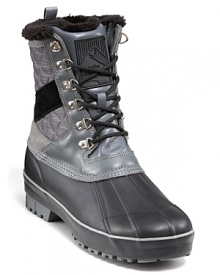 Creative Recreation's rugged all-weather boot keeps your cold weather look grounded, with molded rubber toe and side, burnished leather upper and a cozy faux-fur lining. Creative Recreation's rugged all-weather boot keeps your cold weather look grounded, with molded rubber toe and side, burnished leather upper and a cozy faux-fur lining.