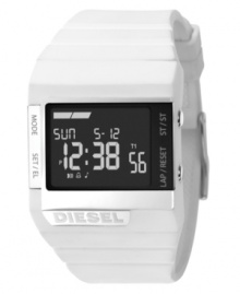 High-tech fashion by Diesel. This unisex watch features a white plastic strap and rectangular case. Black negative display digital dial with time, day, date, seconds, alarm and lap timer. Quartz movement. Water resistant to 50 meters. Two-year limited warranty.