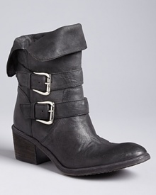 Donald J Pliner softens the edge on his moto booties with gently folded cuffs that lend the look added wearability.