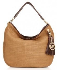 Stay on trend with this season's must-have: the straw bag. Fun tassel detail and shiny 18K gold hardware add a carefree edge to this stunning design from MICHAEL Michael Kors. Stay on trend with this season's must-have: the straw bag. Fun tassel detail and shiny 18K gold hardware add a carefree edge to this stunning design from MICHAEL Michael Kors.