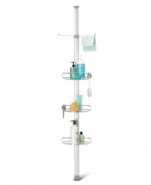 A place for everything and everything in its place. This simplehuman shower caddy keeps bath items out of the way yet well within reach with three adjustable storage baskets and two washcloth rods. Featuring hooks for razors, toothbrushes and more, plus an integrated soap dish. Designed to store bottles upside down for quick dispensing. Durable stainless steel and aluminum won't rust or discolor. A place for everything and everything in its place. This simplehuman shower caddy keeps bath items out of the way yet well within reach with three adjustable storage baskets and two washcloth rods. Featuring hooks for razors, toothbrushes and more, plus an integrated soap dish. Designed to store bottles upside down for quick dispensing. Durable stainless steel and aluminum won't rust or discolor.