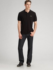 A deep, clean wash and comfortable straight-leg fit, made for casual Fridays and weekends alike in fine Italian denim. Five-pocket style Low waist Button fly Logo leather patch at back waist Inseam, about 32 Cotton Machine wash Imported A deep, clean wash and comfortable straight-leg fit, made for casual Fridays and weekends alike in fine Italian denim. Five-pocket style Low waist Button fly Logo leather patch at back waist Inseam, about 32 Cotton Machine wash Imported