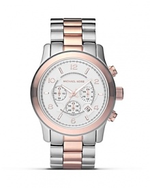 Adopt a feminine approach to accessorizing with this silver and rose gold plated watch from MICHAEL Michael Kors, boasting a boldly sized face and two-tone bracelet. Adopt a feminine approach to accessorizing with this silver and rose gold plated watch from MICHAEL Michael Kors, boasting a boldly sized face and two-tone bracelet.