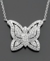 A crystal-accented butterfly pendant lends a touch of sweet whimsy. Rhodium plated. Chain measures 16 inches; drop measures 3/4 inch.