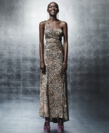 Look fierce & fashion-forward in this attention-commanding Morgan & Co. sequined & leopard-printed long gown -- chain hardware details add edge!