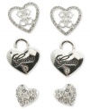 Match any outfit with a lovely design. This set of 3 stud earrings from GUESS features heart designs with jet epoxy and shiny crystal accents. Crafted in silver tone mixed metal. Approximate diameter(s): 1/2 inch to 3/8 inch.