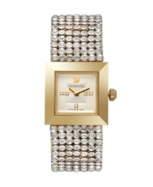 Undeniably radiant. Take sparkle to a new height with this Elis watch by Swarovski. Clear crystal mesh bracelet and square gold PVD stainless steel case. Silver tone dial features Swarovski crystal elements set in gold tone markers, logo at twelve o'clock and two hands. Swiss quartz movement. Water resistant to 30 meters. Two-year limited warranty.