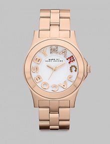 Colorful crystals accent the logo dial on this simply chic, stainless steel style. Quartz movementWater resistant to 5 ATMRound rose goldtone ion-plated stainless steel case, 40mm (1.6) Smooth bezelWhite dialCrystal accented and smooth logo hour markersSecond hand Rose goldtone ion-plated stainless steel link braceletImported 