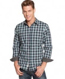 Comfort cuffs. This plaid shirt from Weatherproof warms up your weekly wardrobe.