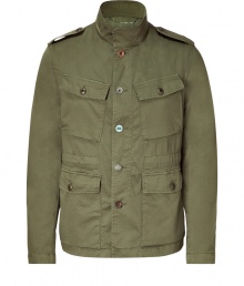 Stylish jacket in fine, olive cotton stretch blend - A softer, lighter weight take on the classic military parka - Stand-up collar, epaulets and full-length button placket - Oversize flap pockets at chest and hips - Chic and utilitarian, a perfect blend of rugged and refined - Pair with jeans, chinos, or casual trousers Stylish jacket in fine, olive cotton stretch blend - A softer, lighter weight take on the classic military parka - Stand-up collar, epaulets and full-length button placket - Oversize flap pockets at chest and hips - Chic and utilitarian, a perfect blend of rugged and refined - Pair with jeans, chinos, or casual trousers