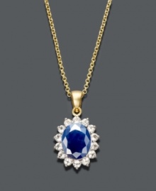 Style that's fit for a queen. This royalty-inspired pendant by Victoria Townsend features an oval-cut sapphire (1/3 ct. t.w.) surrounded by a halo of sparkling white topaz (5/8 ct. t.w.). Setting and chain crafted in 18k gold over sterling silver. Approximate length: 18 inches. Approximate drop: 1 inch. Style that's fit for a queen. This royalty-inspired pendant by Victoria Townsend features an oval-cut sapphire (1/3 ct. t.w.) surrounded by a halo of sparkling white topaz (5/8 ct. t.w.). Setting and chain crafted in 18k gold over sterling silver. Approximate length: 18 inches. Approximate drop: 1 inch.