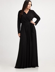 A simply glamorous floor-length dress with a universally flattering wrap design. You will love how the modal fabrication with a touch of stretch complements your curves.Wrap frontLong sleevesPull-on styleSelf-tie beltAbout 63 from natural waist92% modal/8% spandexDry cleanMade in USA