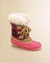A Juicy combination of materials keeps her feet pretty and toasty, from the faux fur cuff to the tweedy upper to the rich leather trim to the rubber sole.Lace-up frontTweed felt upperRubber soleVachetta leather trim with heart-shaped studsPadded insoleFabric liningImported