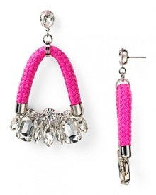 Crystal stones dress up a twisted neon cord on these drop earrings from nOir. Equal parts crafty and cool, this pair instantly adds some summer-perfect sparkle.