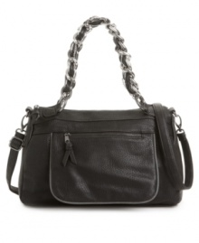 Cool and collected: with a front flap zip pocket, chunky chain handle and detachable shoulder strap, this bold convertible satchel holds its own no matter how you wear it. Cool and collected: with a front flap zip pocket, chunky chain handle and detachable shoulder strap, this bold convertible satchel holds its own no matter how you wear it.