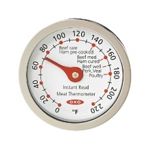 The OXO International Instant Read Thermometer is large and has easy-to-read numbers. Readings for poultry, beef, pork, veal and ham. The OXO International Instant Read Thermometer is large and has easy-to-read numbers. Readings for poultry, beef, pork, veal and ham.