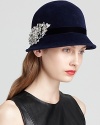 Done up in soft velour, this '20s-inspired cloche from Kathy Jeanne makes a sparkly statement with its removable crystal pin.