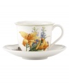 Garden party. The Floral Meadow cup and saucer set brings eternal spring with a mixed bouquet rooted in resilient everyday porcelain. A scalloped edge and green banding add to the charm of the graceful mix-and-match Lenox dinnerware collection. Qualifies for Rebate
