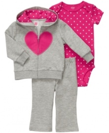 What a big heart. Let everyone know she's got plenty of love to go around in this darling 3-piece bodysuit, hoodie and pant set from Carter's. What a big heart. Let everyone know she's got plenty of love to go around in this darling 3-piece bodysuit, hoodie and pant set from Carter's.