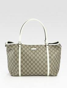 GG plus fabric with contrast leather trim. Double straps, 7 drop D-ring detail Magnetic snap closure Inside pocket About 13¾W X 10¼H X 6D Made in Italy GG plus fabric with contrast leather trim. Double straps, 7 drop D-ring detail Magnetic snap closure Inside pocket About 13¾W X 10¼H X 6D Made in Italy