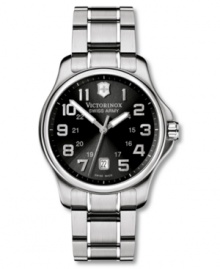 A watch fit for a gentlemen, this Victorinox Swiss Army Officer's watch features a stainless steel bracelet and round case. Black dial with silvertone numerals, logo and date window. Swiss made. Swiss movement. Water resistant to 100 meters. Three-year limited warranty. A watch fit for a gentlemen, this Victorinox Swiss Army Officer's watch features a stainless steel bracelet and round case. Black dial with silvertone numerals, logo and date window. Swiss made. Swiss movement. Water resistant to 100 meters. Three-year limited warranty.