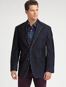 A timeless, tailored two-button blazer is rendered in a fine wale corduroy with a delicate, contrast trim.Button-frontNotch lapelChest welt, waist flap pocketsRear vent55% polyester/45% cottonDry cleanImported