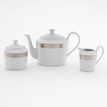 The finest Limoges porcelain and ornate scrollwork in a single polished platinum band add glittering distinction to any elegant table. The finest Limoges porcelain and ornate scrollwork in a single polished platinum band add glittering distinction to any elegant table.