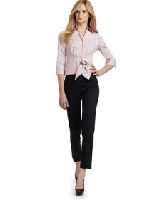 THE LOOKPoint collarConcealed button-down placketThree-quarter sleeves with button cuffsTie frontCroppedTHE FITAbout 21 from shoulder to hemTHE MATERIAL72% cotton/23% nylon/5% lycraCARE & ORIGINMachine washImportedModel shown is 5'11 (180cm) wearing US size 4. THE LOOKPoint collarConcealed button-down placketThree-quarter sleeves with button cuffsTie frontCroppedTHE FITAbout 21 from shoulder to hemTHE MATERIAL72% cotton/23% nylon/5% lycraCARE & ORIGINMachine washImportedModel shown is 5'11 (180cm) wearing US size 4.