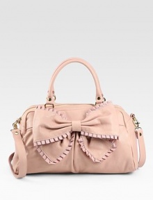 A soft, slouchy silhouette of sumptuous leather, adorned with a ruffled front bow.Double top handles, 6½ drop Shoulder strap Top zip closure Protective metal feet One inside zip pocket Cotton lining 15W X 7½H X 6½D Made in Italy A soft, slouchy silhouette of sumptuous leather, adorned with a ruffled front bow.Double top handles, 6½ drop Shoulder strap Top zip closure Protective metal feet One inside zip pocket Cotton lining 15W X 7½H X 6½D Made in Italy