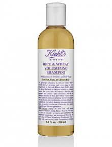 Lightweight shampoo is infused with a blend of naturally-derived proteins and poly-sugar to revive and add body to thin and lifeless hair. Kiehl's chemists have utilized the latest in haircare science -- a volumizing complex that coats hair to impart a healthy, thicker appearance and vitality -- and combined it with the long relied upon benefits of Rice and Wheat Proteins to create fullness and body without stripping hair of natural lipids.