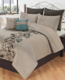 Elegant simplicity. This Ophillia comforter set renders a serene appeal in the bedroom with rich solids and a stenciled floral pattern with pops of turquoise for a dash of artistic style. Comes complete with bedskirt, shams and two decorative pillows for the full look. Elegant simplicity. This Ophillia comforter set renders a serene appeal in the bedroom with rich solids and a stenciled floral pattern with pops of turquoise for a dash of artistic style. Comes complete with bedskirt, shams and two decorative pillows for the full look.